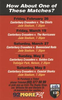 1999 Canterbury Rugby Football Union Ford/More FM Canterbury Crusaders #NNO Greg Feek Back